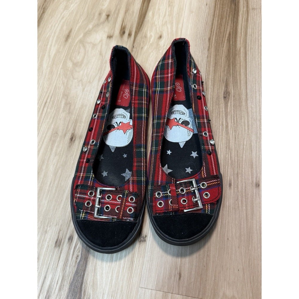 SO Y2K Punk Goth Cute Red Tartan Plaid Sneaker Flats Buckle Shoes Women's Size 8